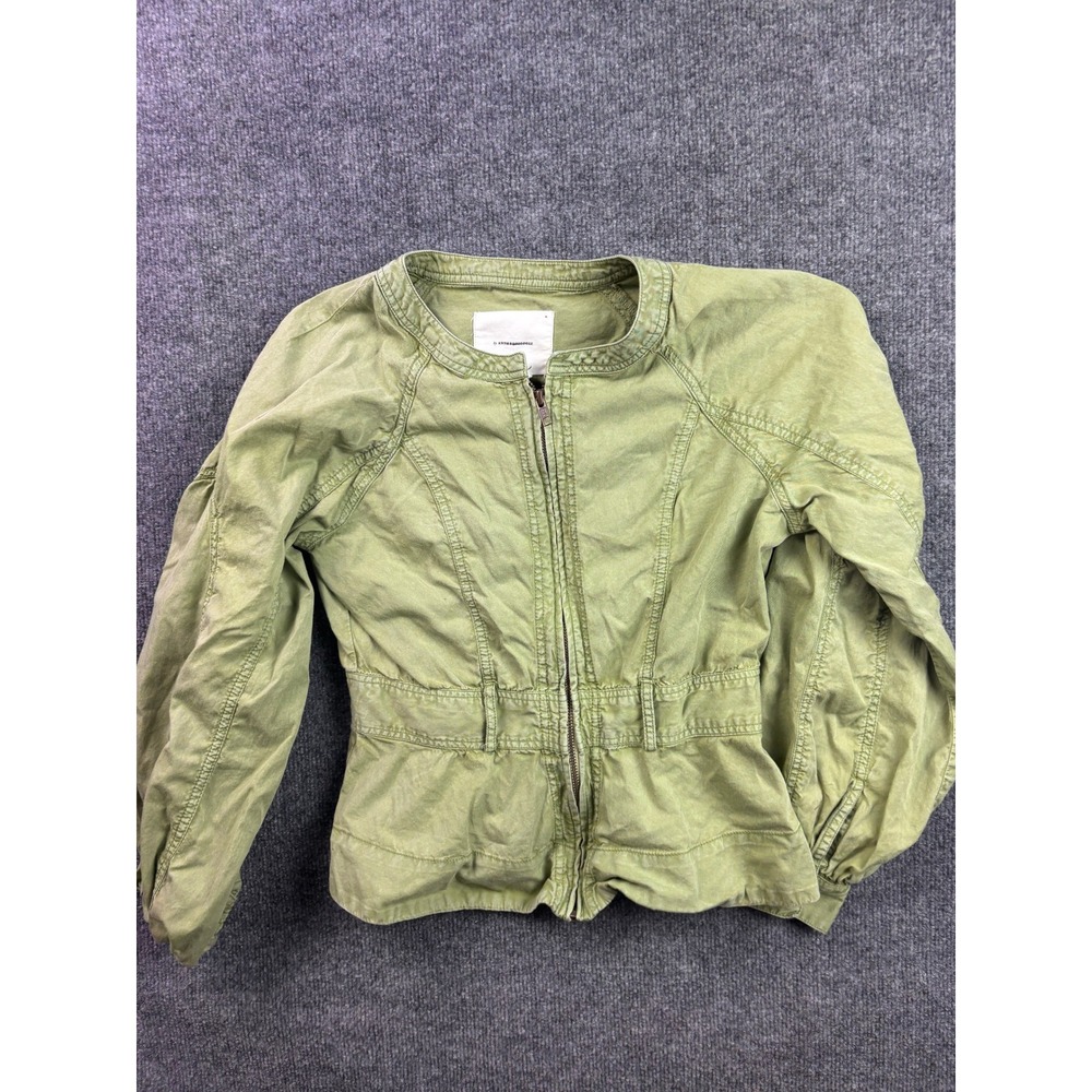 Anthropologie‎ Zip Up Jacket Women XS Green Peplum Cotton Utility Puff Sleeve